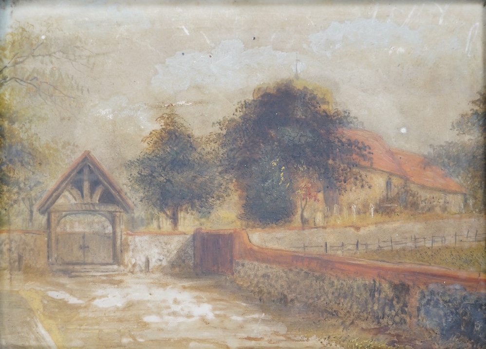 From the Studio of Fred Cuming. Late 19th/early 20th century naïve School, oil on board, Churchyard, unsigned, 12.5 x 17cm. Condition - poor to fair, discolouration all over
